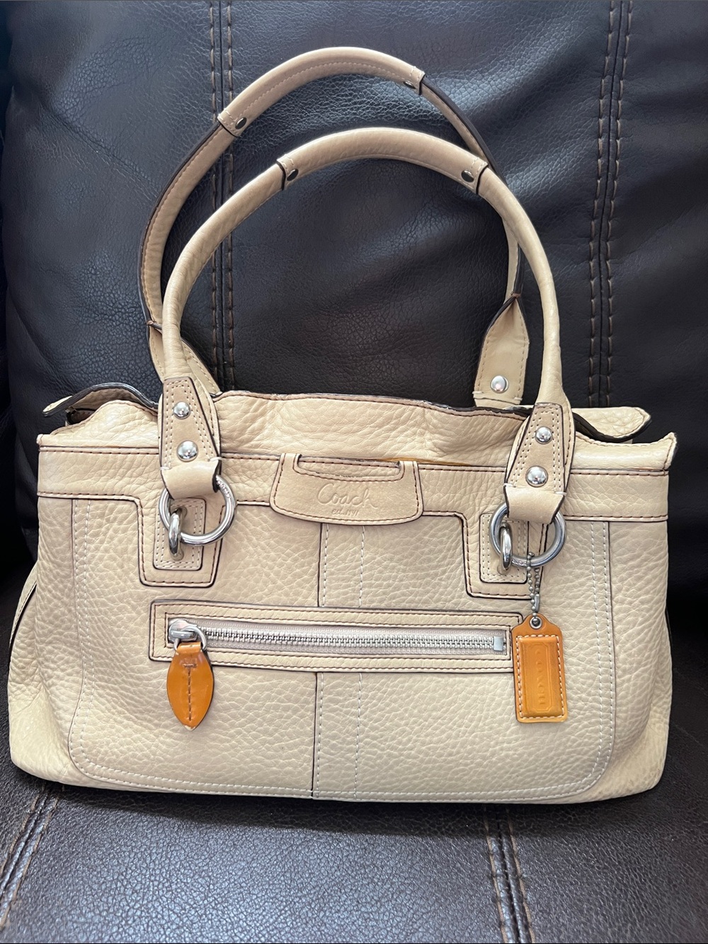 Coach Pebbled Leather Shoulder Tote in Light Beige with Tan Accents